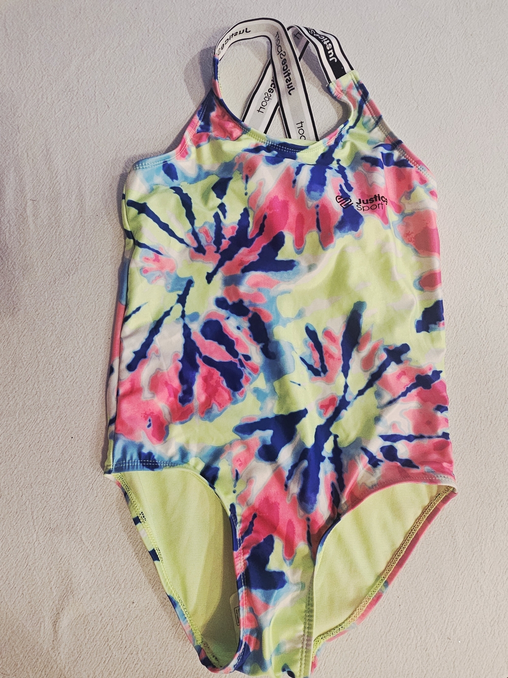 Justice Sport Girls One-Piece Swimsuit Size L 12/14 Tie Dye Neon